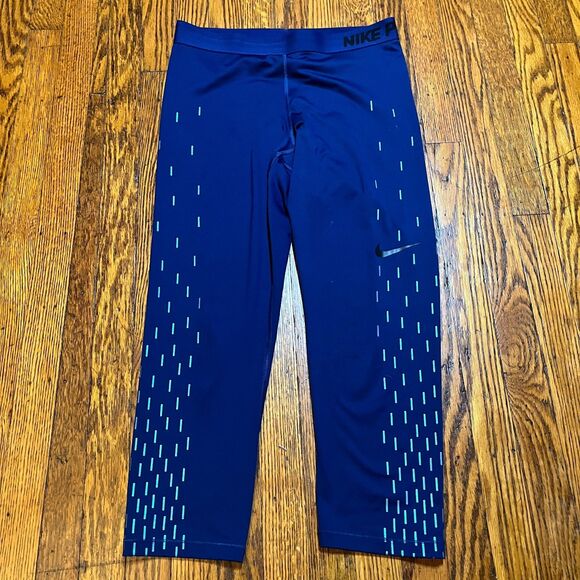 Nike Pro Reflective Print Cropped Capri Leggings Navy Blue Women's Size L - Picture 1 of 13
